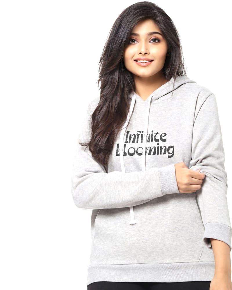Front of a model wearing a size 6XL Light Grey "Infinite Blooming" Printed Sweatshirt in Light Grey by Instafab Plus. | dia_product_style_image_id:298243